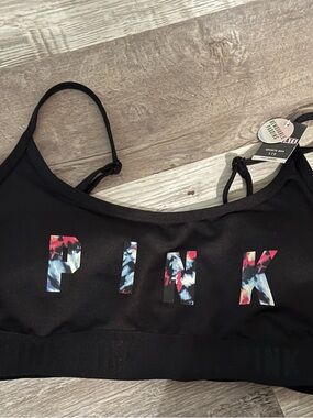 PINK Victoria's Secret Black Floral Logo Bralette with Multicolor Print